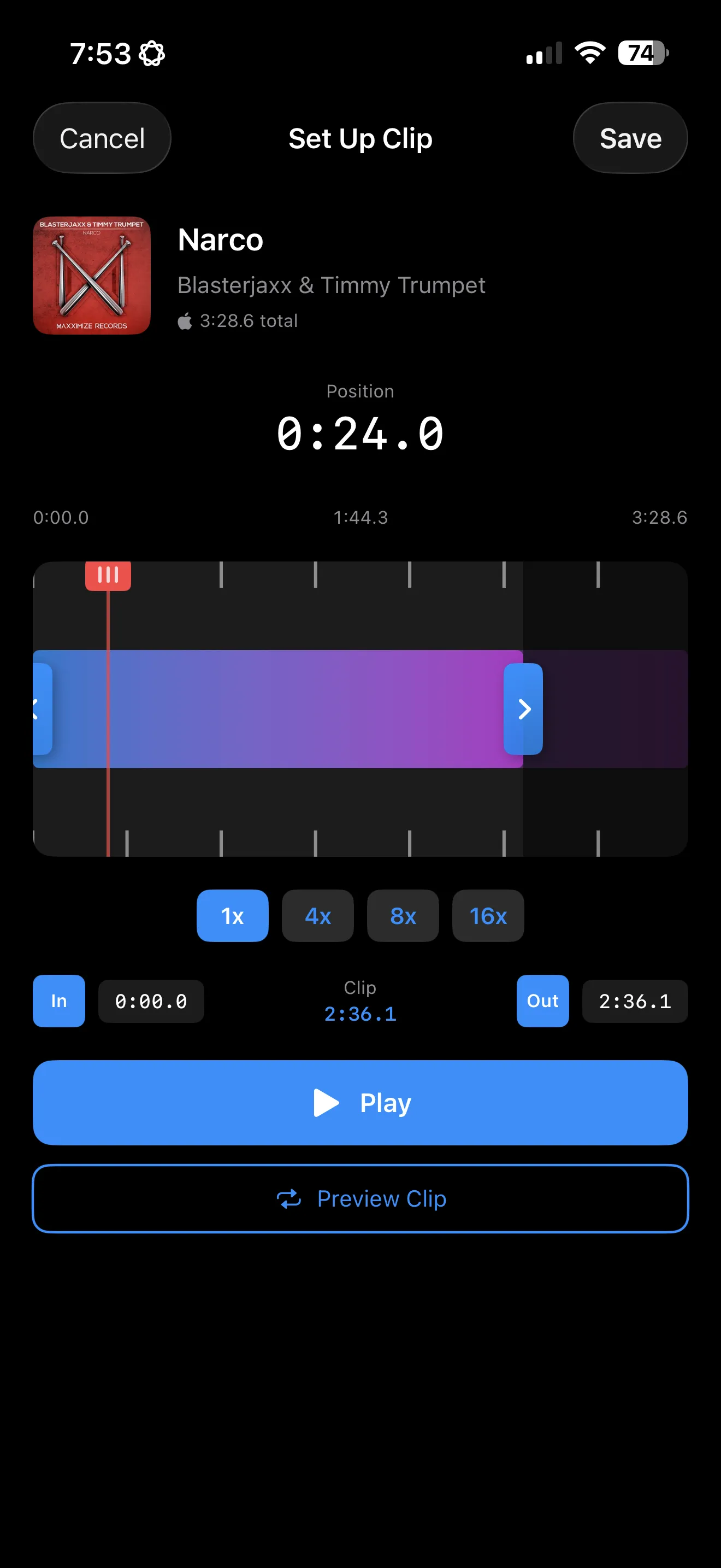 Clip editor with visual timeline for trimming songs and setting fade effects