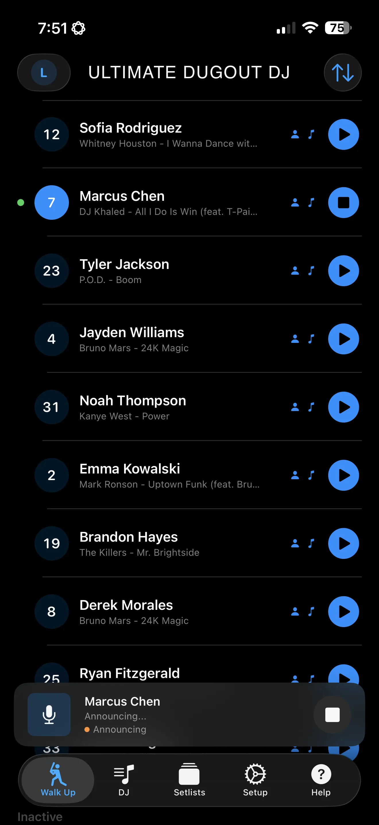 Ultimate Dugout DJ walk-up lineup showing batting order with player names and walk-up songs