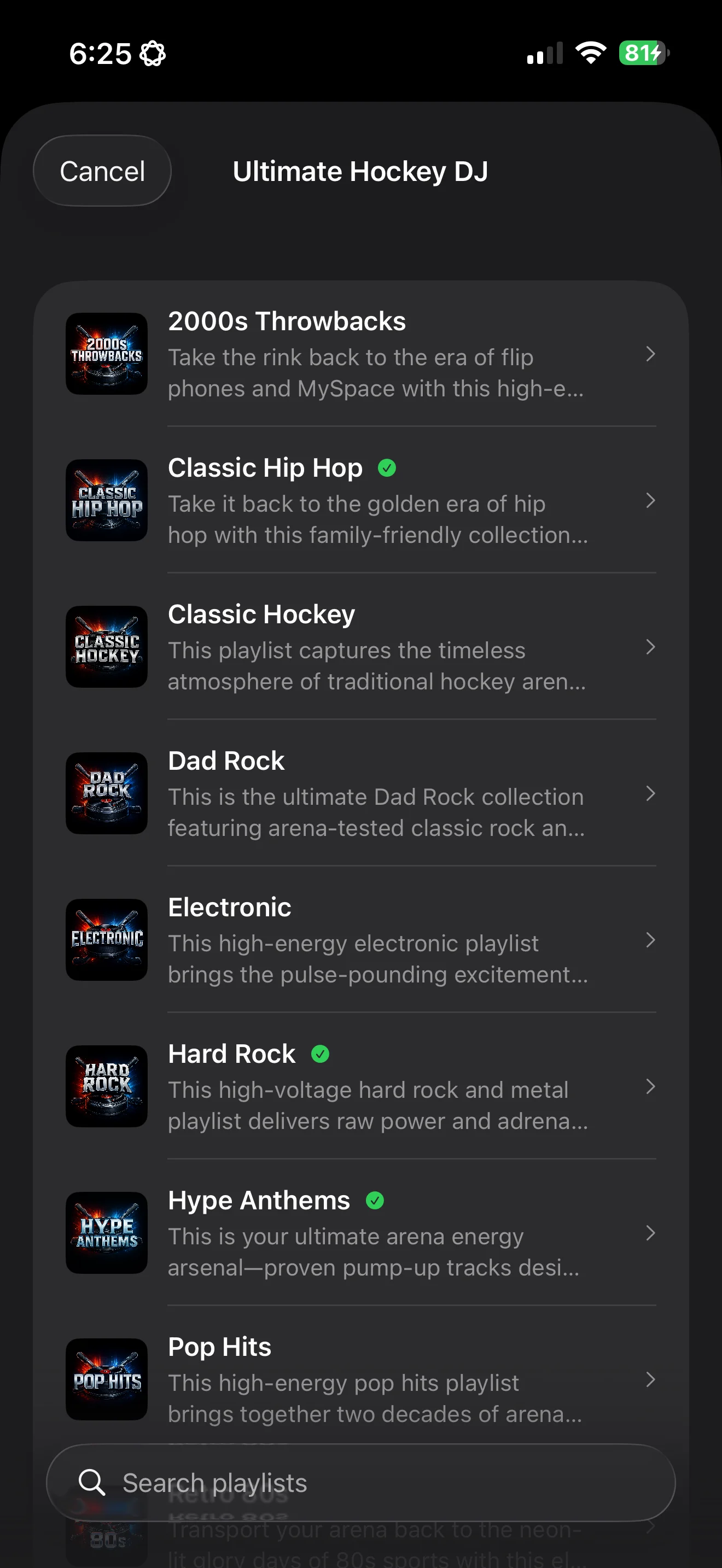 Browse curated hockey setlists including Classic Hip Hop, Dad Rock, and Hype Anthems