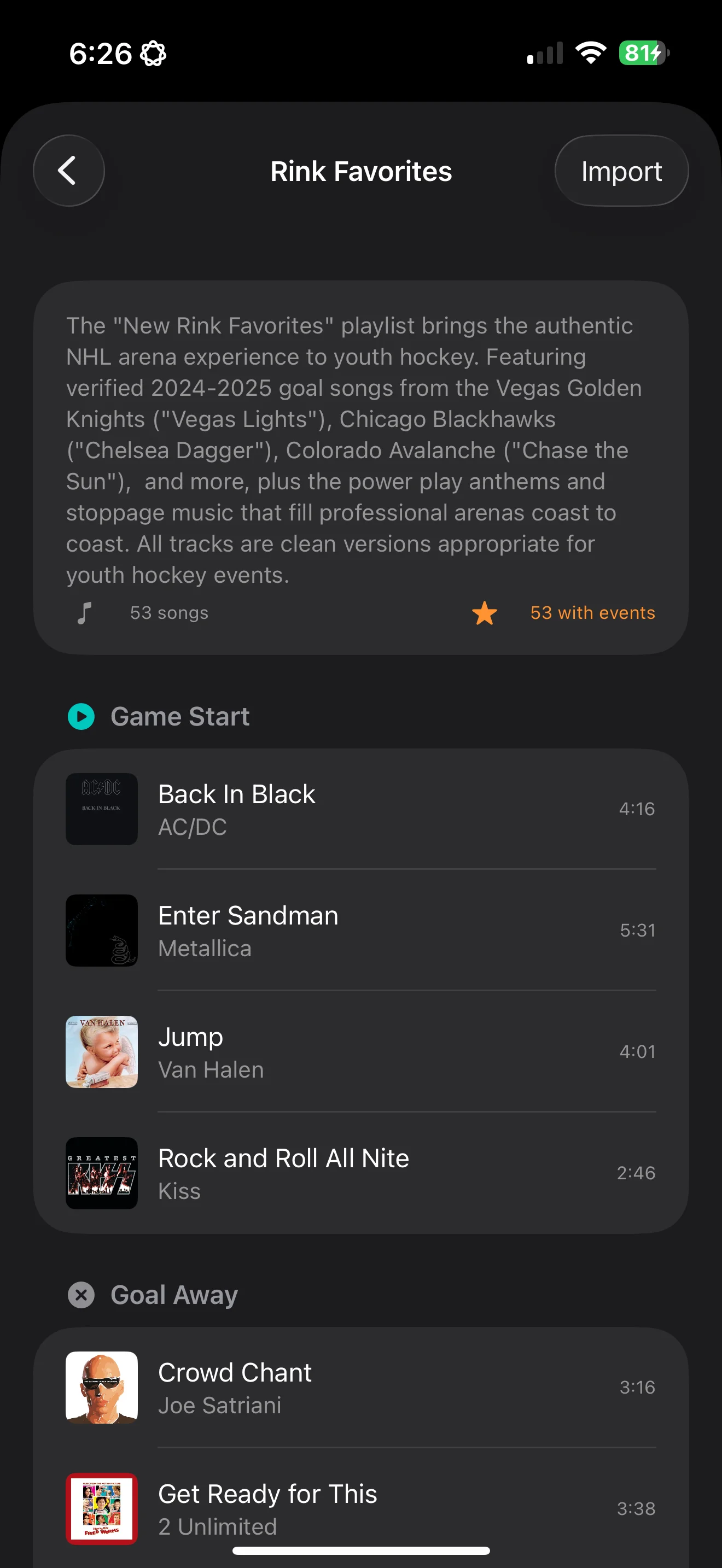 Setlist detail view showing songs assigned to each hockey event